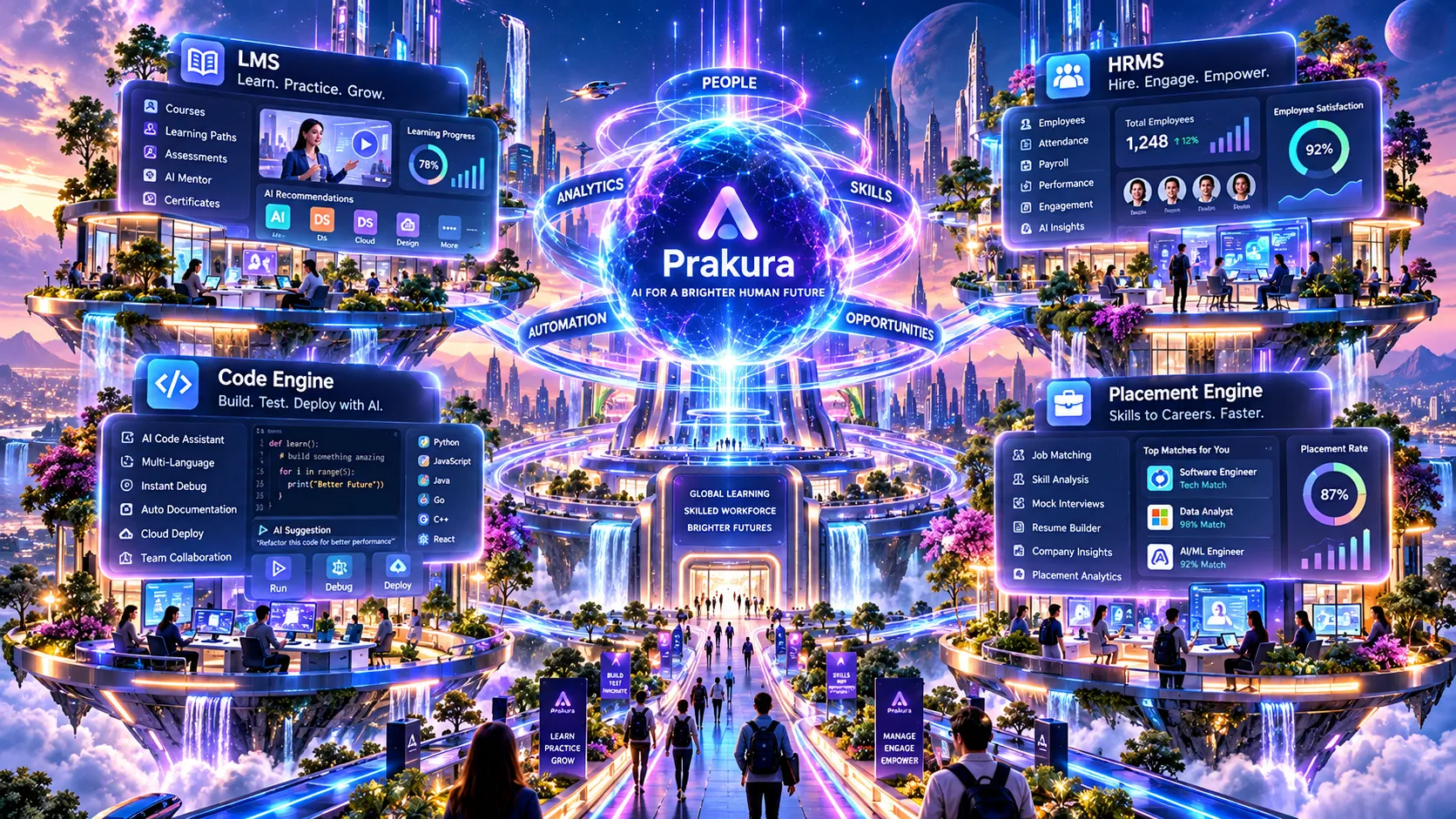 The Prakura ecosystem: LMS, HRMS, Code Engine and Placement Engine connected to a central Prakura AI core for people, skills, analytics and opportunities